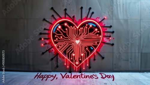 Neon heart. A glowing neon heart with circuit board design on a wall, with 