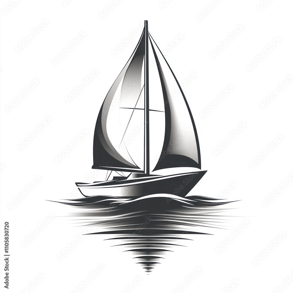 Monochrome sailboat sailing on calm sea, reflecting on water.