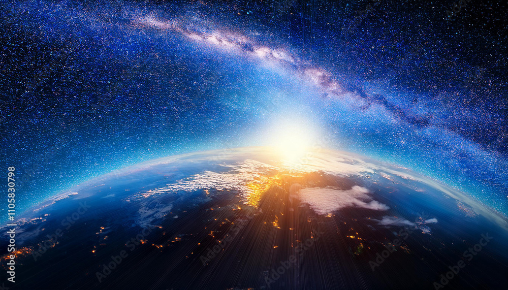 View of the Earth, star and galaxy. Sunrise over planet Earth, view from space View of the Earth, star and galaxy. Sunrise over planet Earth, view from space