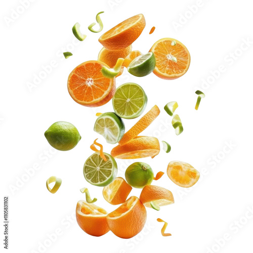 Falling citrus and orange fruits on transparent background. PNG high resolution.
