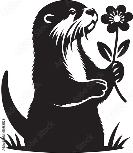 Curious otter sniffing a flower black silhouette vector