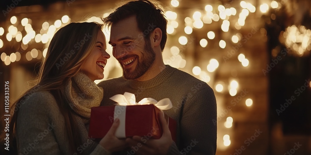 Creative Abstract Marketing Background Capturing the Essence of Christmas, New Year, and Romantic Celebrations, Featuring a Happy Couple Embracing Under Warm Lights, Exchanging Gifts, and Creating a Creative Abstract Marketing Background Capturing the Essence of Christmas, New Year, and Romantic Celebrations, Featuring a Happy Couple Embracing Under Warm Lights, Exchanging Gifts, and Creating a