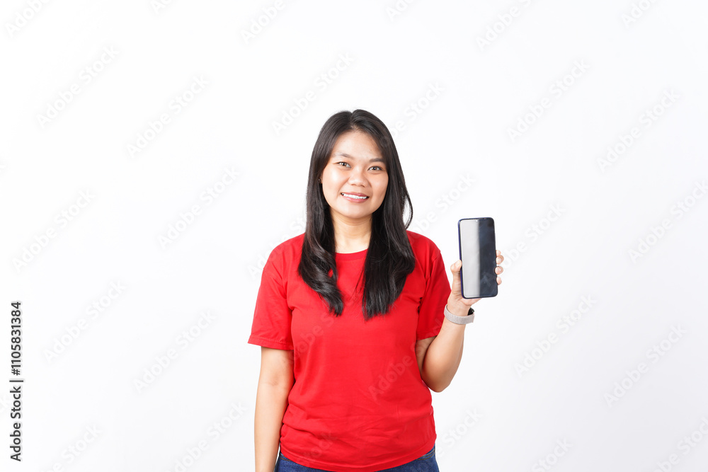 Showing Apps or Ads On Blank Screen Smartphone Of Beautiful Asian Woman wearing red shirt Isolated On White Background Showing Apps or Ads On Blank Screen Smartphone Of Beautiful Asian Woman wearing red shirt Isolated On White Background