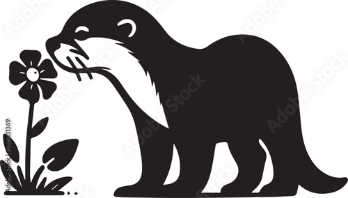 Curious otter sniffing a flower black silhouette vector