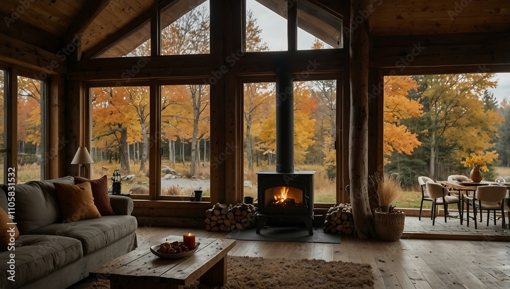 Cozy autumn cabin with a fireplace and window view. Cozy autumn cabin with a fireplace and window view.