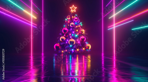 A vibrant Christmas tree adorned with glowing neon lights and ornaments, set against a reflective surface and a dreamy, colorful background.  
