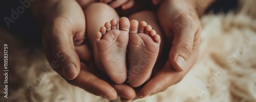 Close-up of adult hands gently holding baby feet, symbolizing love, care, and protection. Perfect for themes of family, birth, and tenderness.