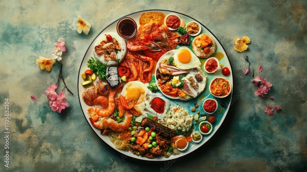 A plate filled with iconic dishes from across the globe, symbolizing unity through food and culinary exploration A plate filled with iconic dishes from across the globe, symbolizing unity through food and culinary exploration