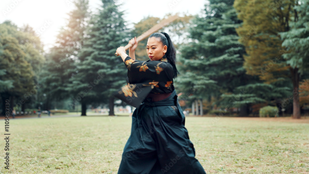 Nature, training and Asian woman with bamboo sword in park for martial arts, Kendo practice and exercise. Culture, bokuto and person with shinai for skills, fitness and traditional sports in Japan Nature, training and Asian woman with bamboo sword in park for martial arts, Kendo practice and exercise. Culture, bokuto and person with shinai for skills, fitness and traditional sports in Japan