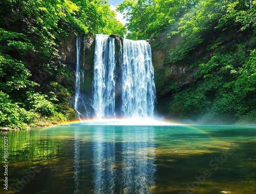 Beautiful waterfall in lush green forest with vibrant rainbow reflection, rainbow, nature