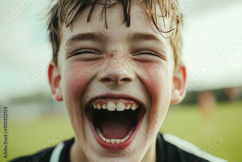 A young boy with a big smile plays soccer outdoors. His laughter and excitement show his love for the game. The green field and sunlight create a lively atmosphere, highlighting the joy of childhood s photo