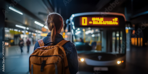 A young person wearing a backpack approaches a waiting electric bus at dusk, urban surroundings softly glowing with warm streetlight reflections.
