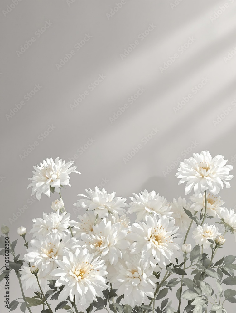 Beautiful white chrysanthemums contrasted against a muted grey backdrop, simple, zen, arrangement, monochrome Beautiful white chrysanthemums contrasted against a muted grey backdrop, simple, zen, arrangement, monochrome