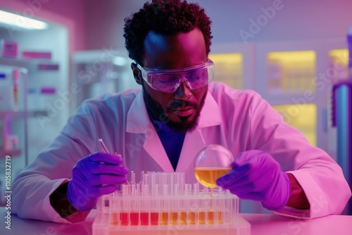 A scientist in a lab coat and safety glasses examines a glass vial filled with a yellow liquid. Colorful test tubes and laboratory equipment surround him as he conducts experiments in a modern laborat photo