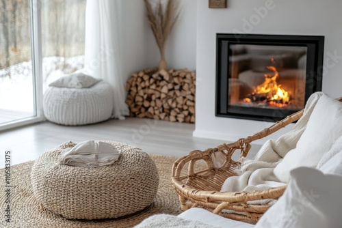 Wallpaper Mural Cozy Living Room With Fireplace And Knitted Ottomans Torontodigital.ca