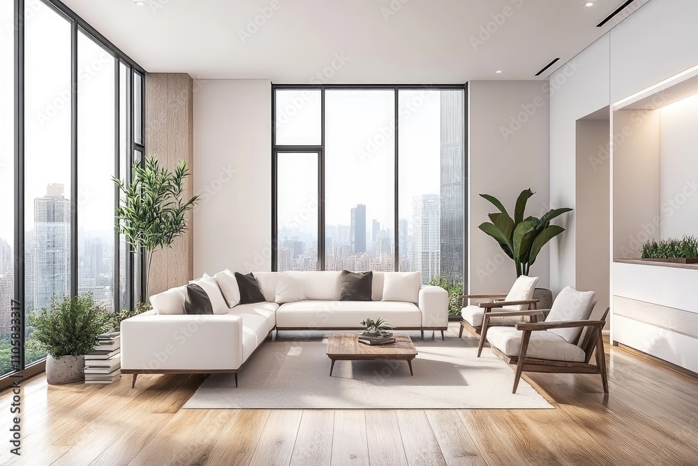 Fototapeta premium Modern Living Room Interior with White Sofa, Armchairs, Wooden Floor, Coffee Table, Minimalist Design, 3D Rendering Mockup for Apartment or Hotel Lounge