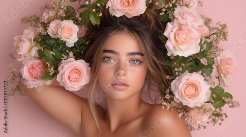 Flower crown portrait studio fashion photography soft pastel background close-up beauty and nature fusion photo