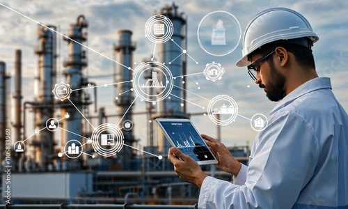 Professional engineer analyzes performance metrics on a tablet while observing operations at an industrial plant site