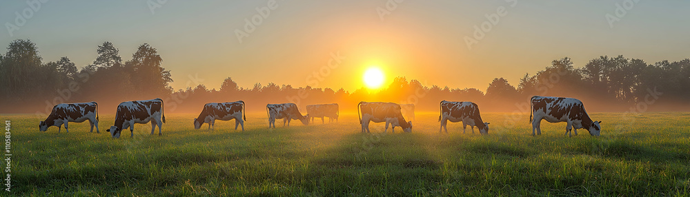 Cows grazing in misty field at sunrise. Cows grazing in misty field at sunrise.