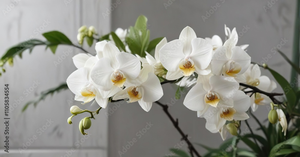 Fototapeta premium White vanilla orchid in full bloom with green leaves, floral arrangement, decoration, elegant, vanilla pod, botany