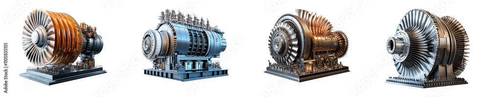 Set, Collection of Condensing Steam Turbine isolated on transparent background. Set, Collection of Condensing Steam Turbine isolated on transparent background.