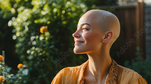 smiling woman cancer survivor, looking away at backyard