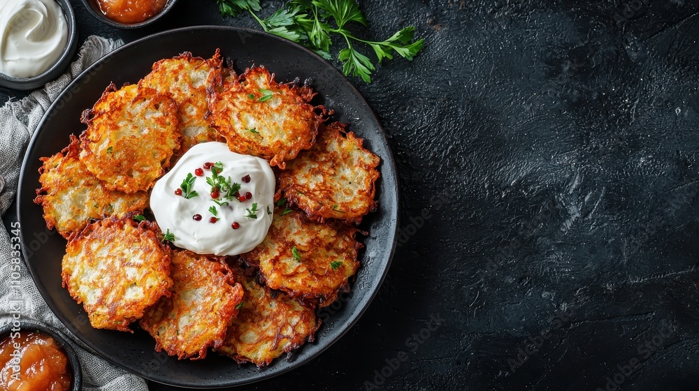 Crispy potato pancakes served with sour cream on a black plate, garnished with herbs. Perfect for a delicious, homemade snack or appetizer. Crispy potato pancakes served with sour cream on a black plate, garnished with herbs. Perfect for a delicious, homemade snack or appetizer.