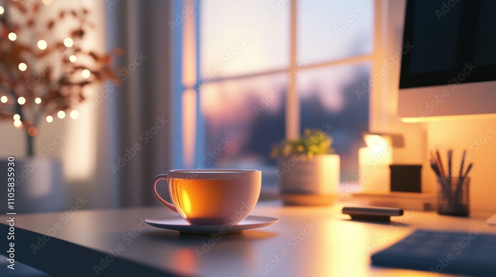 A serene office corner featuring a tea cup resting on a desk, surrounded by warm lighting and organized workspace elements A serene office corner featuring a tea cup resting on a desk, surrounded by warm lighting and organized workspace elements