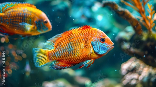 A vibrant underwater scene featuring colorful fish swimming gracefully against a blurred aquatic background, ideal for projects related to marine life, aquariums, or nature-themed content, photo