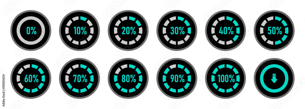 Infographic circle set 0 to 100 percent loading progress indicator in cyan and black color. Set of circle percentage diagrams for infographics 0 10 20 30 40 50 60 70 80 90 100 percent. Infographic circle set 0 to 100 percent loading progress indicator in cyan and black color. Set of circle percentage diagrams for infographics 0 10 20 30 40 50 60 70 80 90 100 percent.