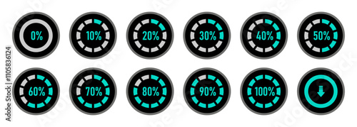 Infographic circle set 0 to 100 percent loading progress indicator in cyan and black color. Set of circle percentage diagrams for infographics 0 10 20 30 40 50 60 70 80 90 100 percent.