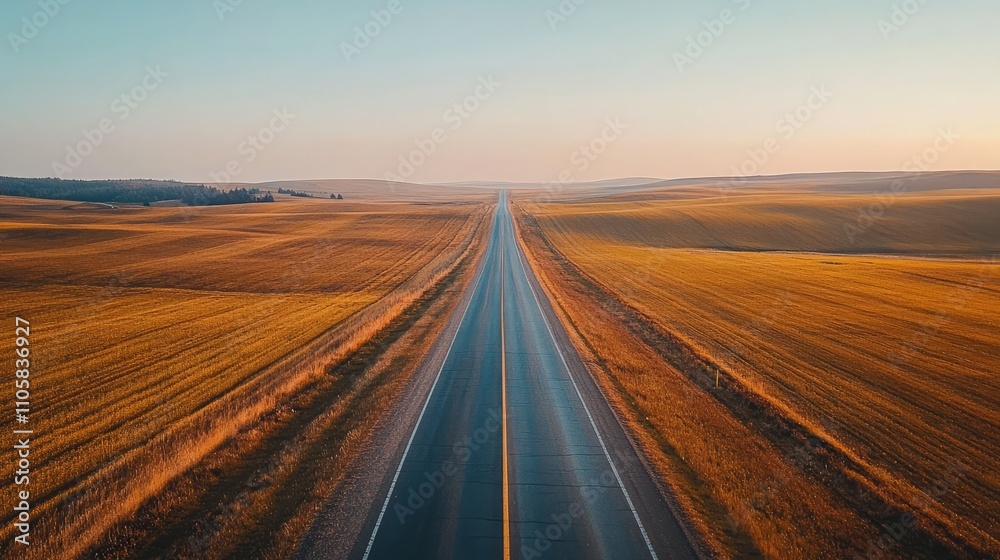 Naklejka premium A straight, endless asphalt road with a clean, freshly laid surface