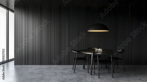 Minimalist Black Wooden Dining Room with Sleek Furniture and Lighting Mockup