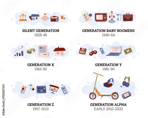 People generations vector set, cartoon symbols of Silent, Baby Boomers X, Y, Z and alpha social development, innovations