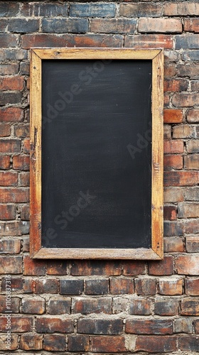 Rustic wooden framed chalkboard mounted on weathered brick wall, offering blank slate for messages or menus. Vintage charm meets modern utility. photo