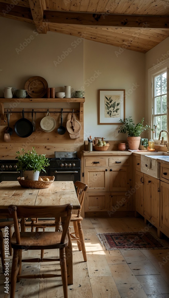 Fototapeta premium Cozy light wood kitchen ambiance.