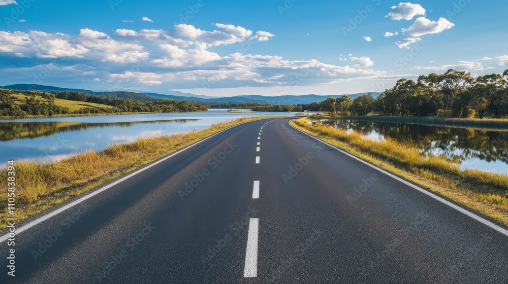 Fototapeta premium A straight, endless asphalt road with a clean, freshly laid surface