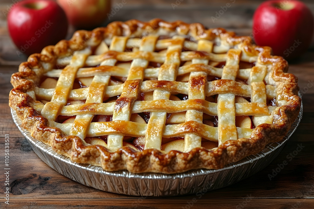 Delicious homemade apple pie with lattice crust, on wooden table. Delicious homemade apple pie with lattice crust, on wooden table.