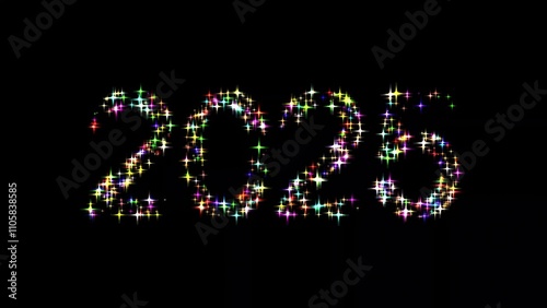 Beautiful illustration of 2025 with colorful stars on plain black background