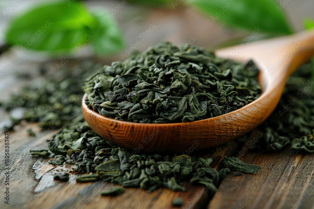 Spoon of dried green tea leaves on wooden background,. Spoon of dried green tea leaves on wooden background,.