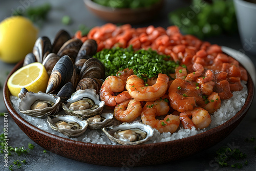 Delicious seafood platter with shrimp, oysters, mussels, clams, and lemon. photo