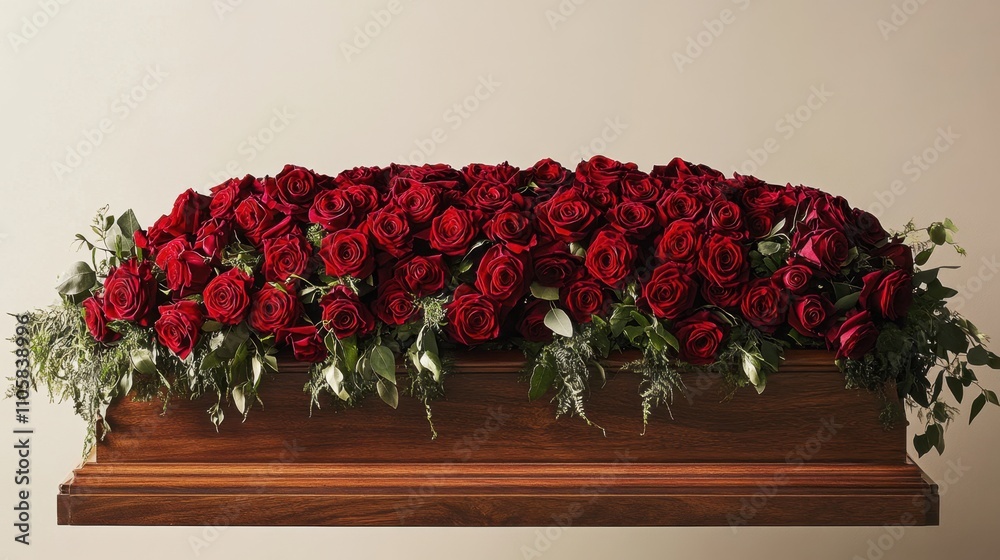 Fototapeta premium A solemn yet elegant display of red roses with cascading velvet fabric, creating a heartfelt tribute atop a wooden casket
