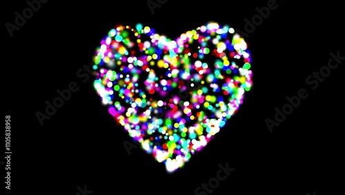 Beautiful illustration of Heart shape with colorful bokeh particles on plain black background