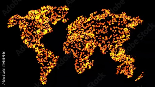 Beautiful illustration of world map with fire particles on plain black background