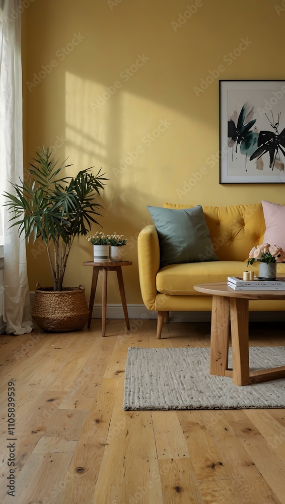 Fototapeta premium Cozy living room with pastel yellow wall and wooden floor.