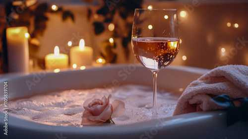 Cozy, relaxing bubble bath scene with warm candlelight glowing softly around the tub photo