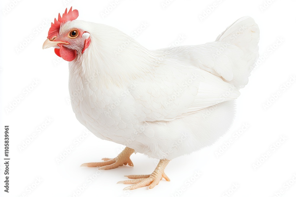Fototapeta premium A white chicken stands on a white background