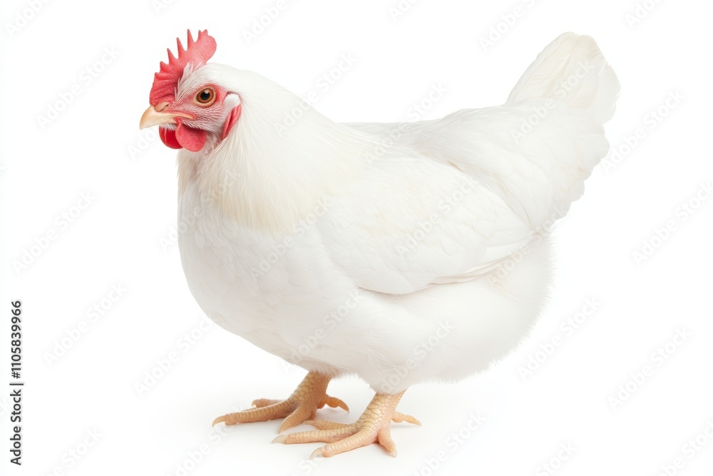 A white chicken with a red comb stands on a white background A white chicken with a red comb stands on a white background