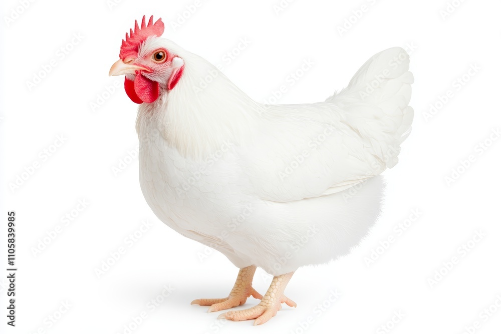 Fototapeta premium A white chicken stands on a white background