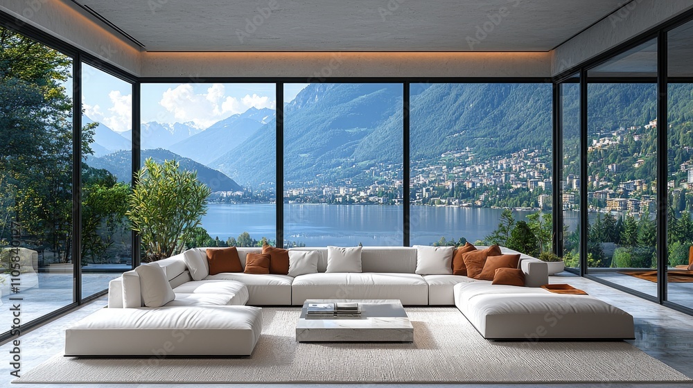 Fototapeta premium Modern living room with white sofa and large windows overlooking the mountains, lake and city. The glass walls have aluminum window frames. The floor is covered with white carpet